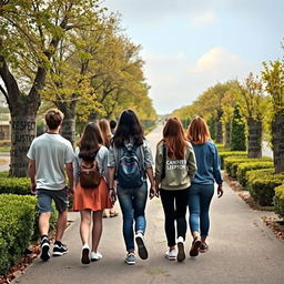 A diverse group of teenagers, both male and female, walking away down a long scenic path