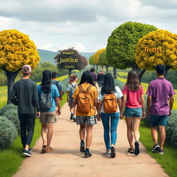 A diverse group of teenagers, both male and female, walking away down a long scenic path