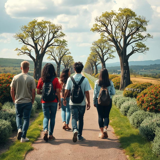 A diverse group of teenagers, both male and female, walking away down a long scenic path