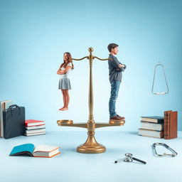 A balanced scale at the center with a teenage girl on one side and a teenage boy on the other, both in perfect equilibrium