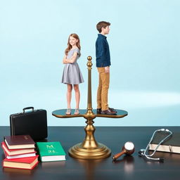 A balanced scale at the center with a teenage girl on one side and a teenage boy on the other, both in perfect equilibrium