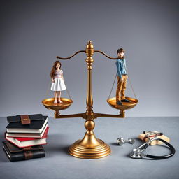 A balanced scale at the center with a teenage girl on one side and a teenage boy on the other, both in perfect equilibrium