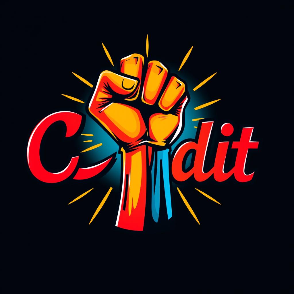 A dynamic and creative design featuring the word "Credit" artistically arranged around a powerful, raised fist