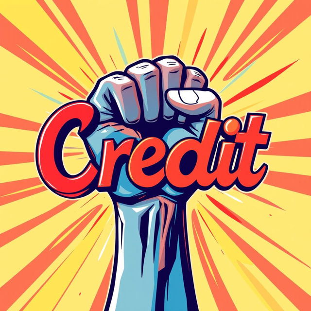 A dynamic and creative design featuring the word "Credit" artistically arranged around a powerful, raised fist