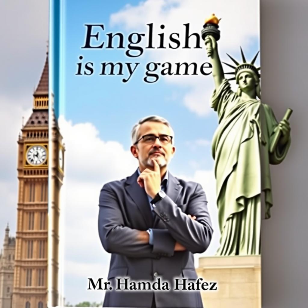 A book cover for "English is my game" featuring the Statue of Liberty on the right side and Big Ben on the left side of the background