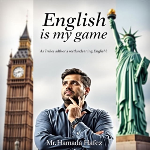 A book cover for "English is my game" featuring the Statue of Liberty on the right side and Big Ben on the left side of the background