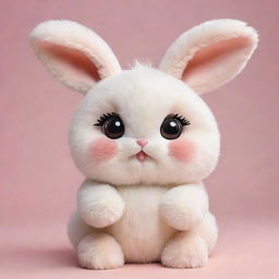 A sweet kawaii-style bunny with large, shimmering eyes and a soft, round body. It has luscious, fluffy fur and a cute, cheerful expression on its face.