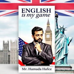 A book cover for "English is my game" featuring the Statue of Liberty on the right side and Big Ben on the left side of the background