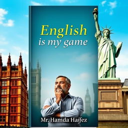 A book cover for "English is my game" featuring the Statue of Liberty on the right side and Big Ben on the left side of the background