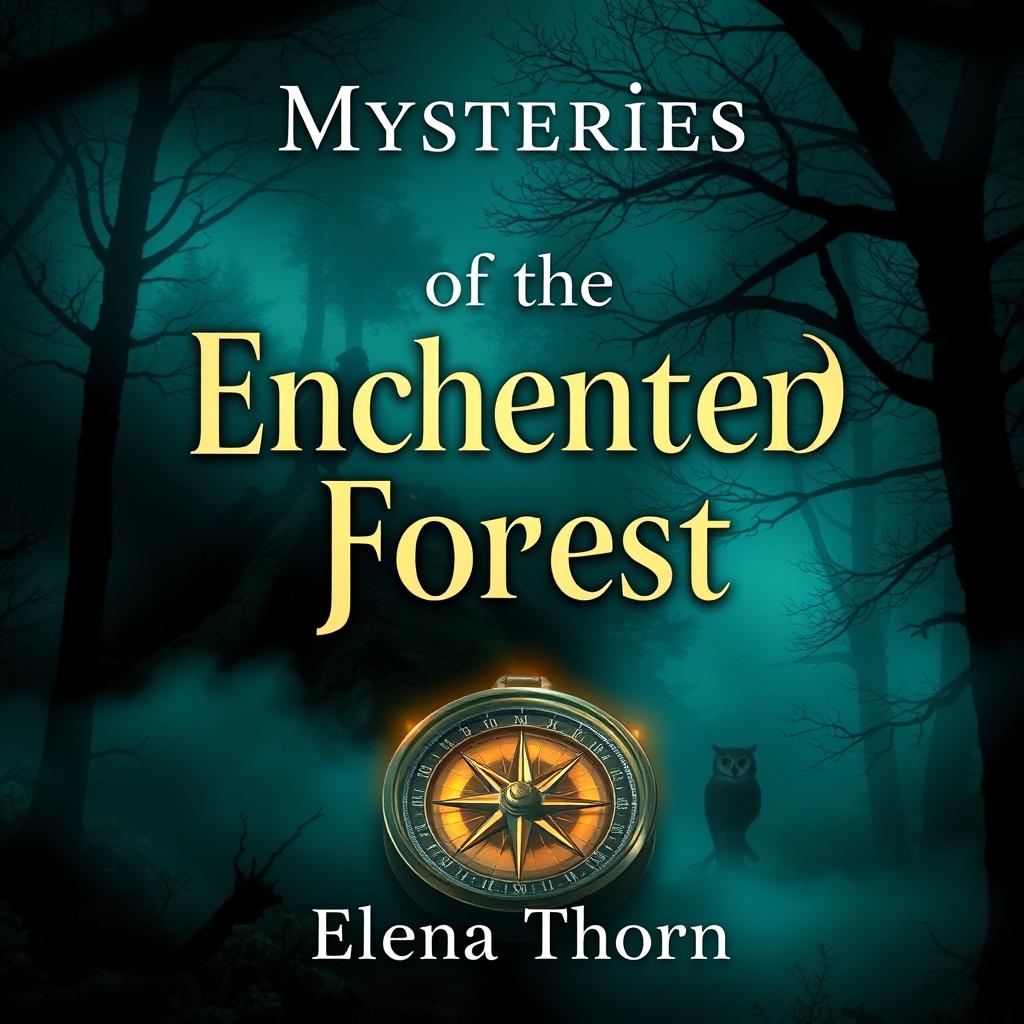 Design a captivating book cover featuring a mysterious forest landscape, shrouded in mist and saturated with deep greens and blues