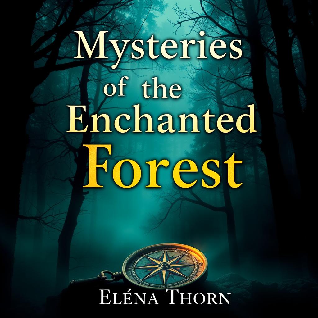 Design a captivating book cover featuring a mysterious forest landscape, shrouded in mist and saturated with deep greens and blues