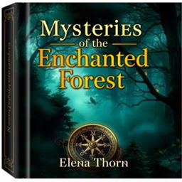 Design a captivating book cover featuring a mysterious forest landscape, shrouded in mist and saturated with deep greens and blues