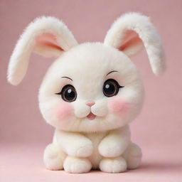 A sweet kawaii-style bunny with large, shimmering eyes and a soft, round body. It has luscious, fluffy fur and a cute, cheerful expression on its face.