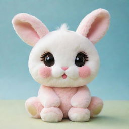 A sweet kawaii-style bunny with large, shimmering eyes and a soft, round body. It has luscious, fluffy fur and a cute, cheerful expression on its face.