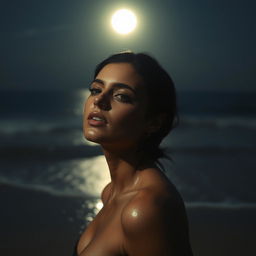 A elegant and alluring woman, her skin glistening in the moonlight with droplets of water, evoking a sense of sensuality and grace