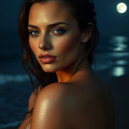 A elegant and alluring woman, her skin glistening in the moonlight with droplets of water, evoking a sense of sensuality and grace