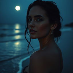 A elegant and alluring woman, her skin glistening in the moonlight with droplets of water, evoking a sense of sensuality and grace