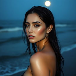 A elegant and alluring woman, her skin glistening in the moonlight with droplets of water, evoking a sense of sensuality and grace