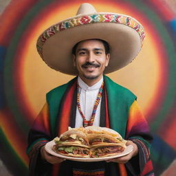 A portrayal of God embracing Mexican culture, showing him wearing a traditional Mexican sombrero and serape, holding a plate of tacos, surrounded by vibrant colors and folkloric elements.