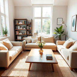 A cozy and inviting living room featuring a comfortable beige sofa with plush cushions, a wooden coffee table at the center, decorated with a small vase of fresh flowers