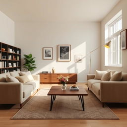 A cozy and inviting living room featuring a comfortable beige sofa with plush cushions, a wooden coffee table at the center, decorated with a small vase of fresh flowers