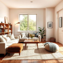 A cozy and inviting living room featuring a comfortable beige sofa with plush cushions, a wooden coffee table at the center, decorated with a small vase of fresh flowers