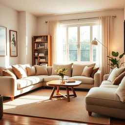 A cozy and inviting living room featuring a comfortable beige sofa with plush cushions, a wooden coffee table at the center, decorated with a small vase of fresh flowers