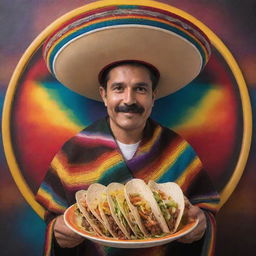 A portrayal of God embracing Mexican culture, showing him wearing a traditional Mexican sombrero and serape, holding a plate of tacos, surrounded by vibrant colors and folkloric elements.