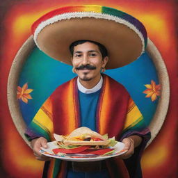 A portrayal of God embracing Mexican culture, showing him wearing a traditional Mexican sombrero and serape, holding a plate of tacos, surrounded by vibrant colors and folkloric elements.