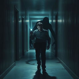 A horror scene featuring a watchman being stalked by a menacing shadow in a dimly lit corridor