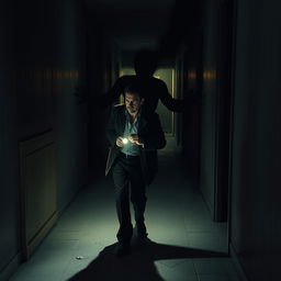 A horror scene featuring a watchman being stalked by a menacing shadow in a dimly lit corridor