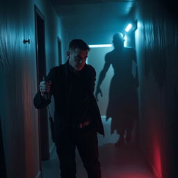 A horror scene featuring a watchman being stalked by a menacing shadow in a dimly lit corridor