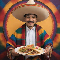 A portrayal of God embracing Mexican culture, showing him wearing a traditional Mexican sombrero and serape, holding a plate of tacos, surrounded by vibrant colors and folkloric elements.