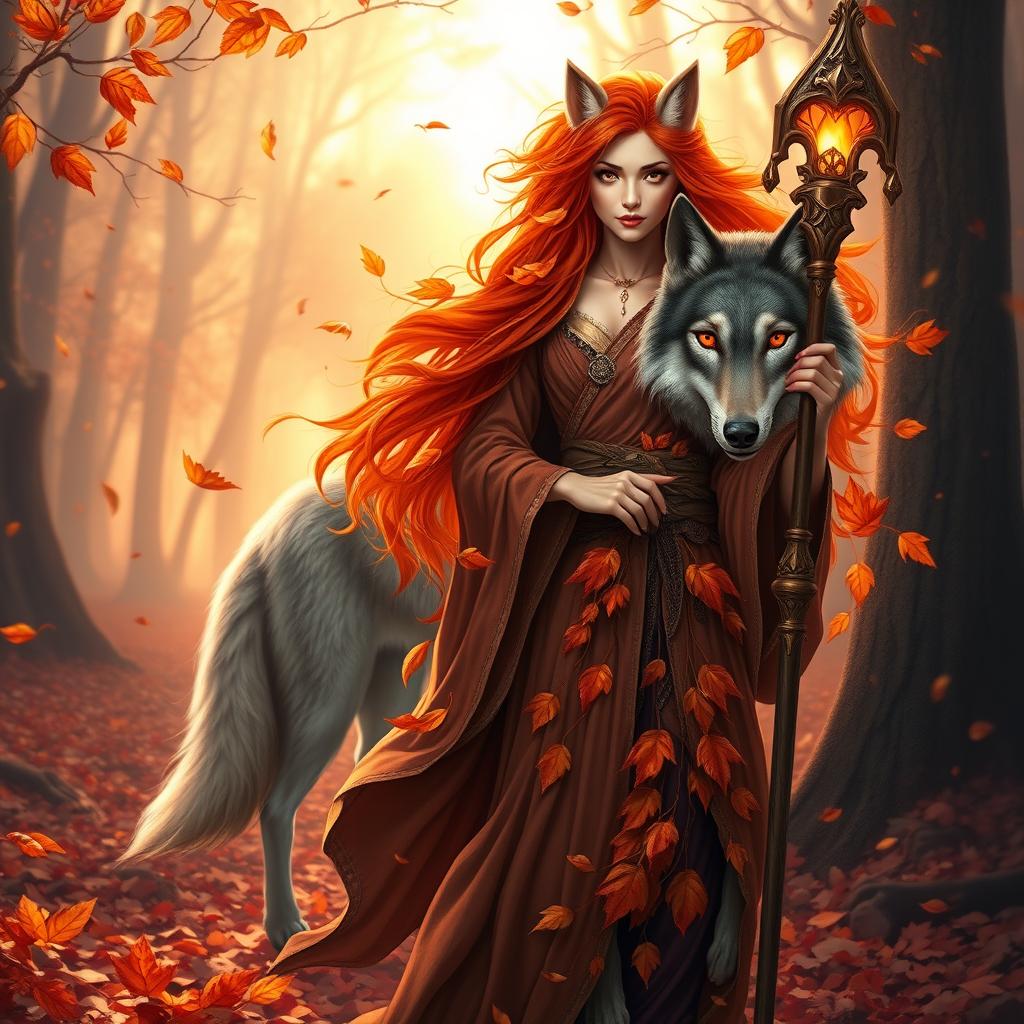 An enchanting Autumn Eladrin druid, adorned in vibrant orange and red leaves that cascade over her flowing robes, her hair a fiery mix of autumn hues