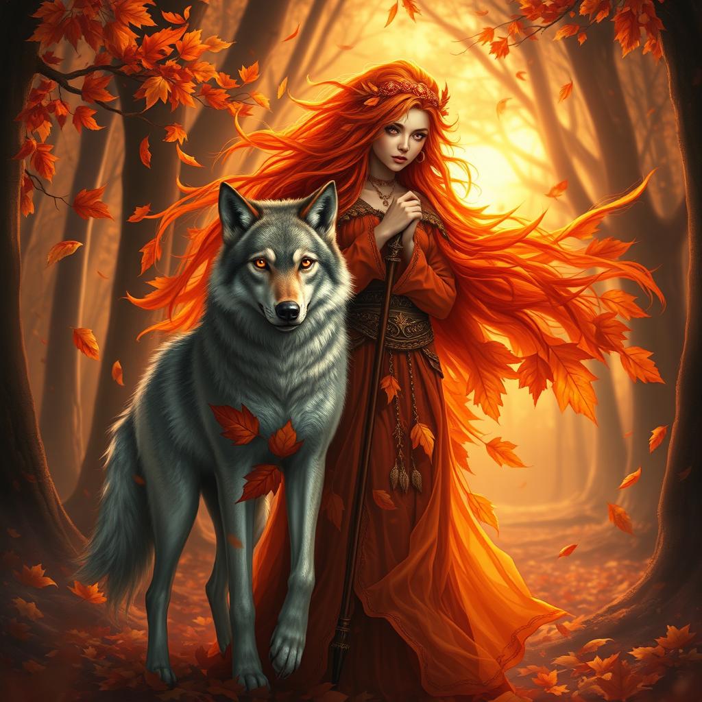 An enchanting Autumn Eladrin druid, adorned in vibrant orange and red leaves that cascade over her flowing robes, her hair a fiery mix of autumn hues