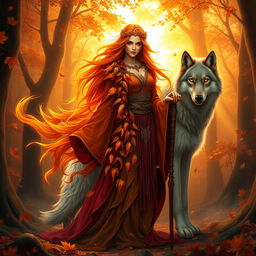 An enchanting Autumn Eladrin druid, adorned in vibrant orange and red leaves that cascade over her flowing robes, her hair a fiery mix of autumn hues