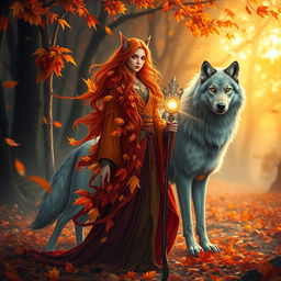 An enchanting Autumn Eladrin druid, adorned in vibrant orange and red leaves that cascade over her flowing robes, her hair a fiery mix of autumn hues