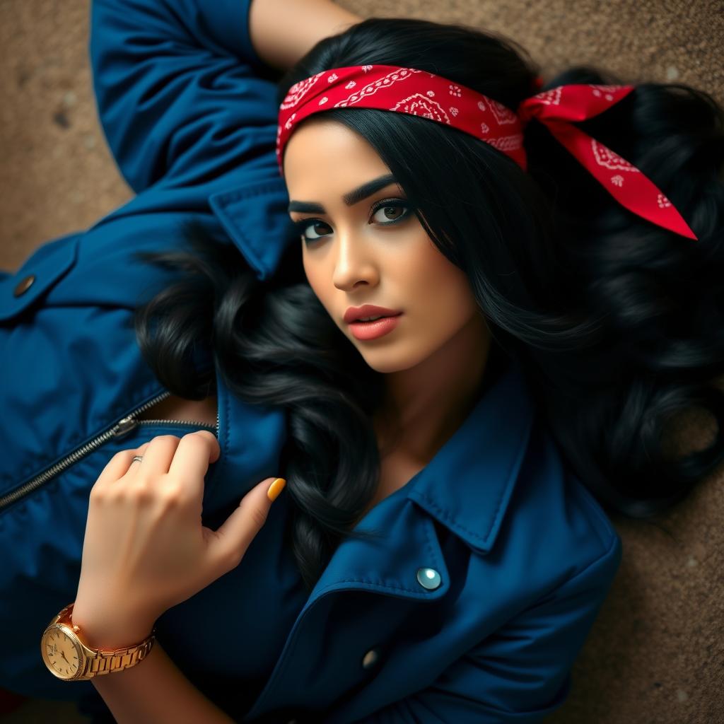 A beautiful woman with black hair adorned with a red bandana, wearing a stylish blue jacket and a gold hand watch