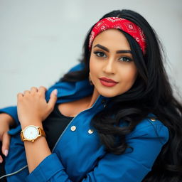 A beautiful woman with black hair adorned with a red bandana, wearing a stylish blue jacket and a gold hand watch