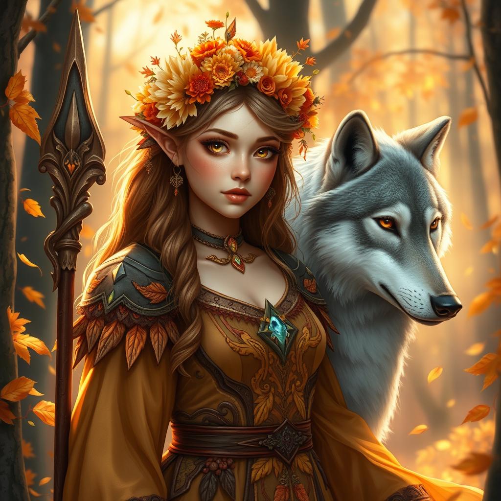 An enchanting Autumn Eladrin druid with captivating hazel eyes that reflect the warm tones of the season