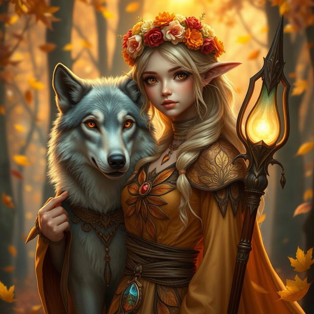 An enchanting Autumn Eladrin druid with captivating hazel eyes that reflect the warm tones of the season