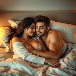 An Arab woman in her late twenties, with medium-sized breasts, and her boyfriend laying on a bed together, embracing each other with warmth and affection