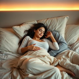 An Arab woman in her late twenties, with medium-sized breasts, and her boyfriend laying on a bed together, embracing each other with warmth and affection