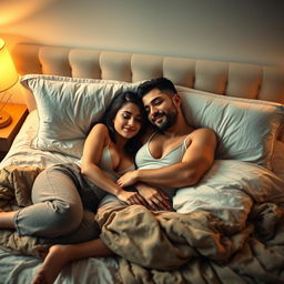 An Arab woman in her late twenties, with medium-sized breasts, and her boyfriend laying on a bed together, embracing each other with warmth and affection