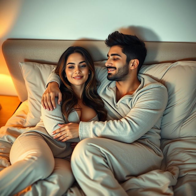 An Arab woman in her late twenties, with medium-sized breasts, and her boyfriend laying on a bed together, embracing each other with warmth and affection