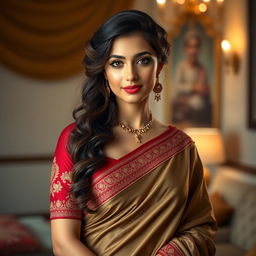 An Arab woman in her late twenties, with medium-sized breasts, wearing an elegant saree