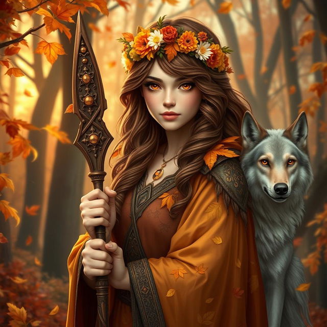 An enchanting Autumn Eladrin druid with mesmerizing hazel eyes and rich brown wavy hair cascading down her shoulders