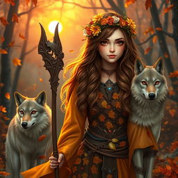 An enchanting Autumn Eladrin druid with mesmerizing hazel eyes and rich brown wavy hair cascading down her shoulders