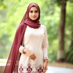 A young Arab woman in her late twenties, with medium-sized breasts, wearing a beautifully styled hijab