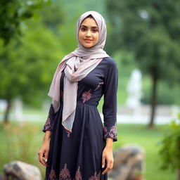 A young Arab woman in her late twenties, with medium-sized breasts, wearing a beautifully styled hijab